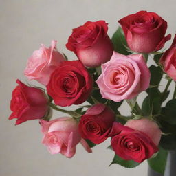 Photograph of a bouquet of vibrant red and pink roses, freshly picked and dew-kissed, arranged elegantly against a neutral background