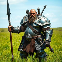 A full-body portrait of an orc standing in an open field with vibrant green grass