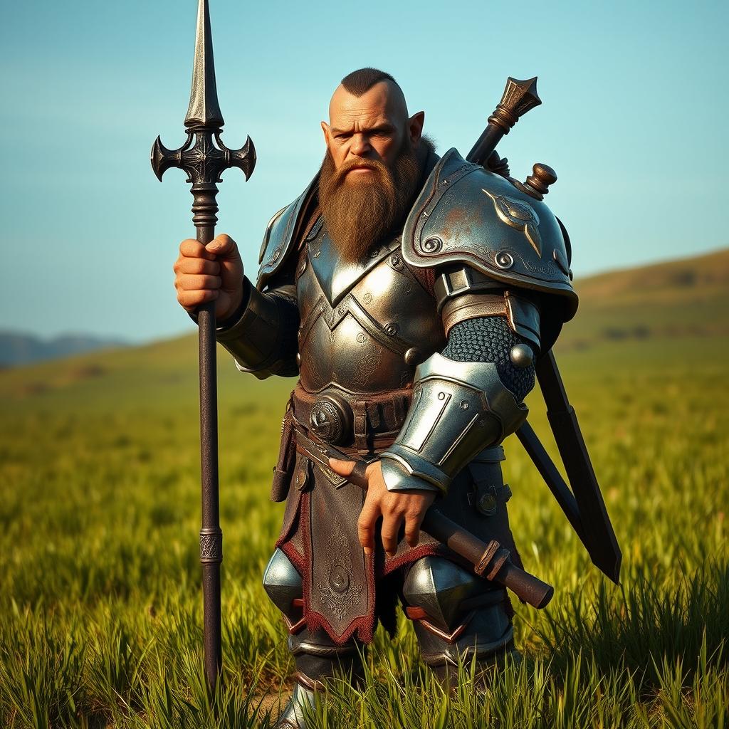 A full-body portrait of an orc standing in an open field with vibrant green grass