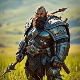 A full-body portrait of an orc standing in an open field with vibrant green grass