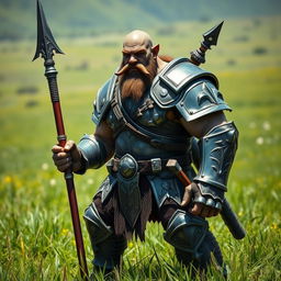 A full-body portrait of an orc standing in an open field with vibrant green grass