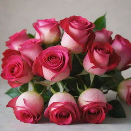 Photograph of a bouquet of vibrant red and pink roses, freshly picked and dew-kissed, arranged elegantly against a neutral background