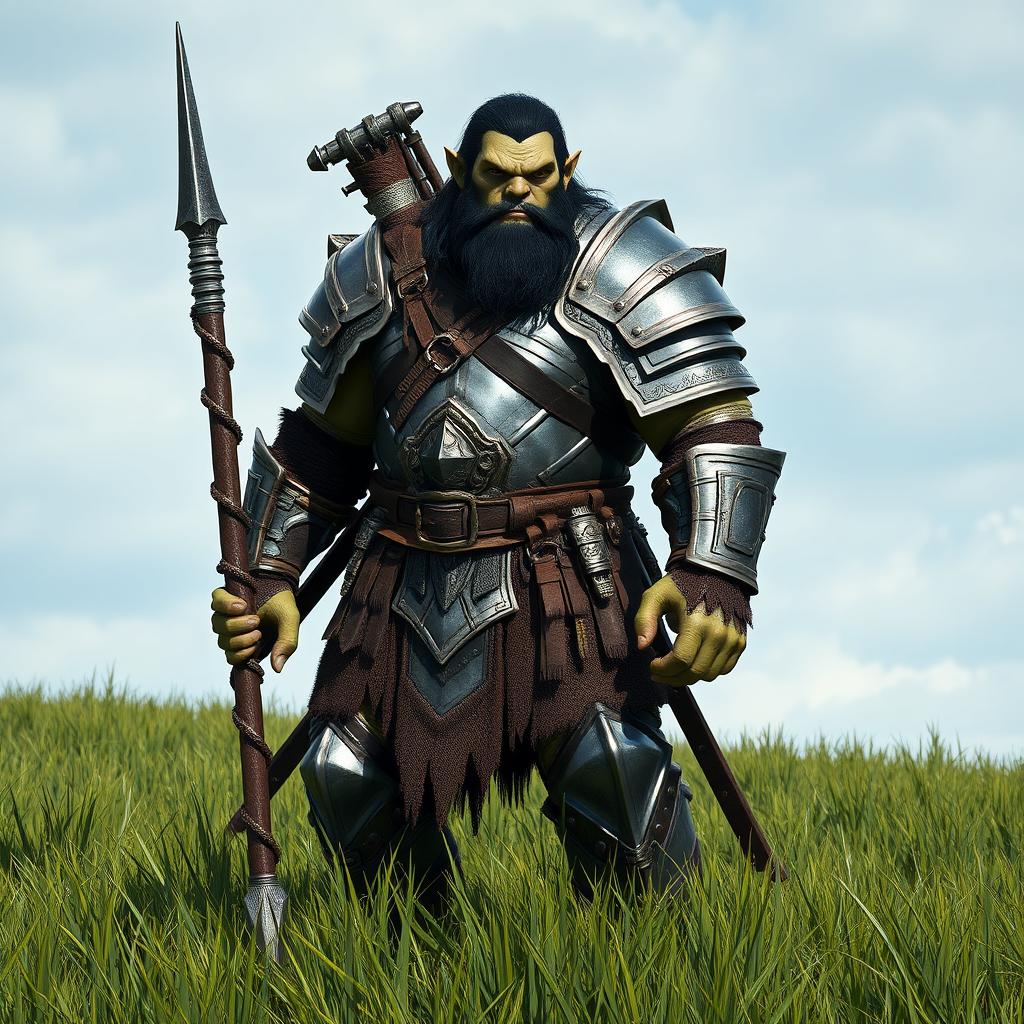 A tall, powerful Orc with black hair and a human-like face, sporting a short beard