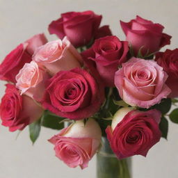 Photograph of a bouquet of vibrant red and pink roses, freshly picked and dew-kissed, arranged elegantly against a neutral background