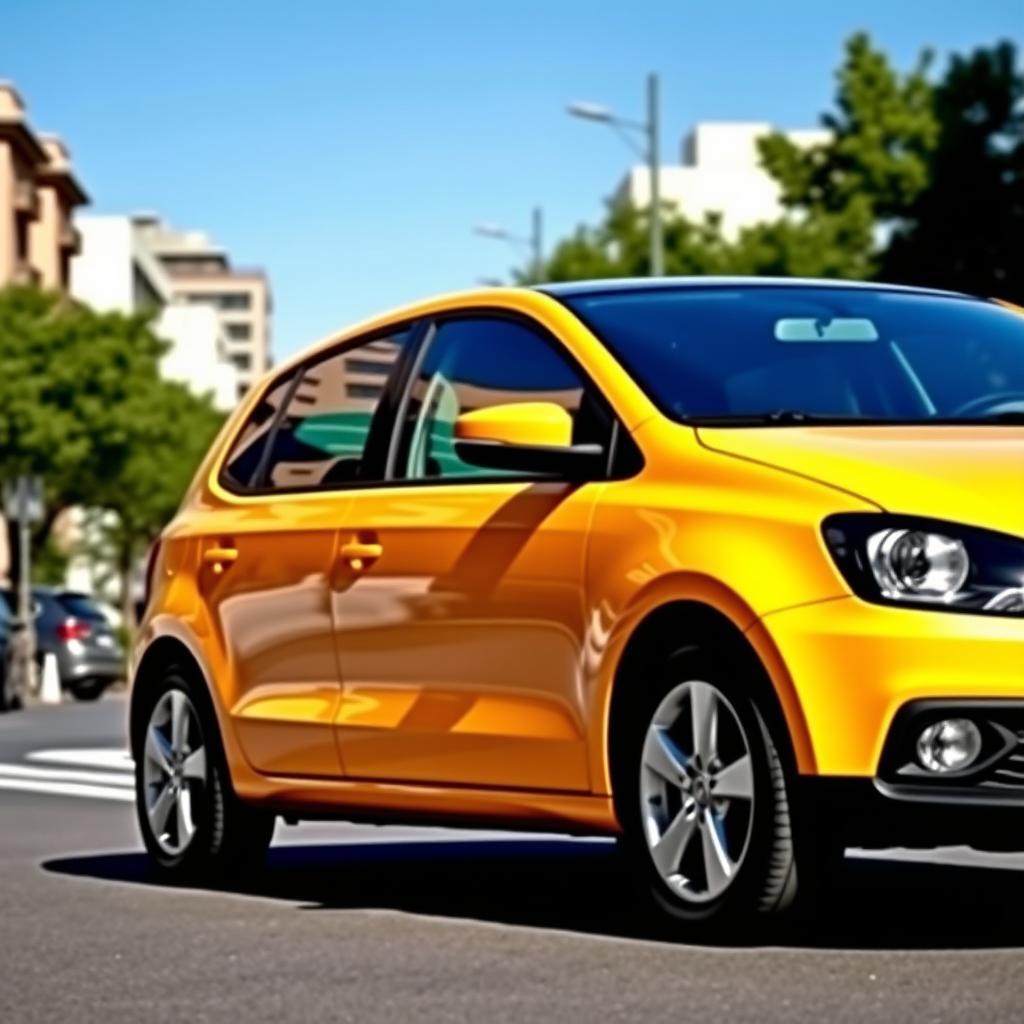 A sleek Volkswagen Gol parked elegantly on a city street, showcasing its modern design and vibrant color