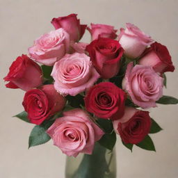 Photograph of a bouquet of vibrant red and pink roses, freshly picked and dew-kissed, arranged elegantly against a neutral background