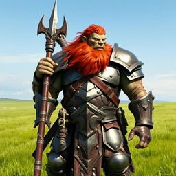 A tall Orc with striking red hair and a human-like face, sporting a short beard