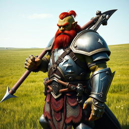 A tall Orc with striking red hair and a human-like face, sporting a short beard