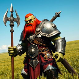 A tall Orc with striking red hair and a human-like face, sporting a short beard