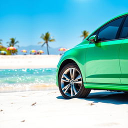 A vibrant Volkswagen Gol parked on a picturesque beach, with soft white sand and turquoise waves gently lapping at the shore