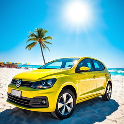 A vibrant Volkswagen Gol parked on a picturesque beach, with soft white sand and turquoise waves gently lapping at the shore