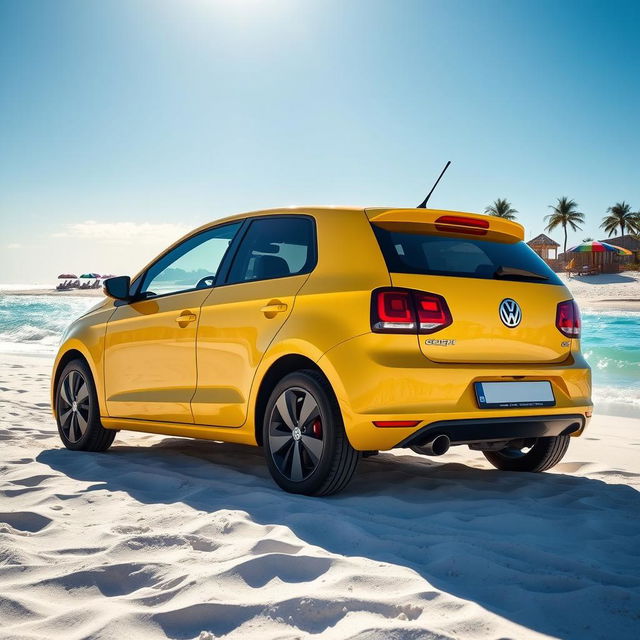 A vibrant Volkswagen Gol parked on a picturesque beach, with soft white sand and turquoise waves gently lapping at the shore