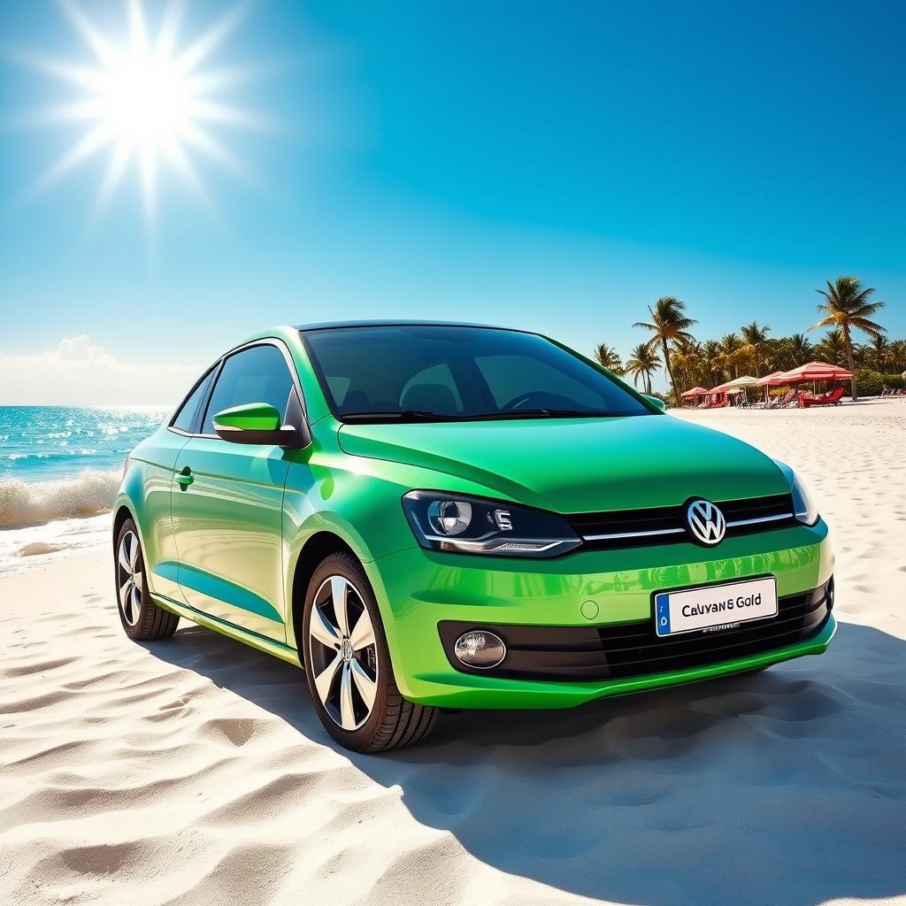 A vibrant Volkswagen Gol parked on a picturesque beach, with soft white sand and turquoise waves gently lapping at the shore