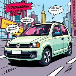 A colorful Volkswagen Gol illustrated in a comic book style, featuring bold outlines and exaggerated proportions