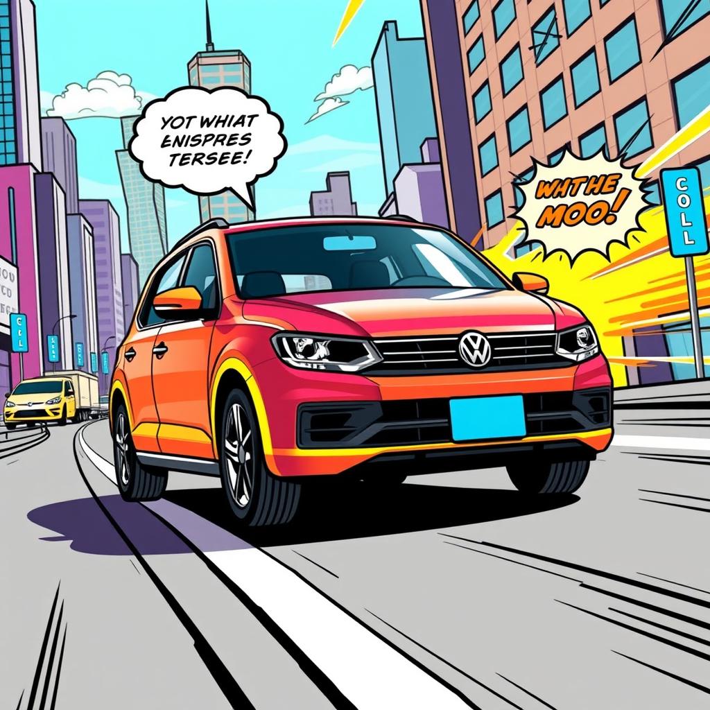 A colorful Volkswagen Gol illustrated in a comic book style, featuring bold outlines and exaggerated proportions