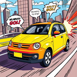 A colorful Volkswagen Gol illustrated in a comic book style, featuring bold outlines and exaggerated proportions