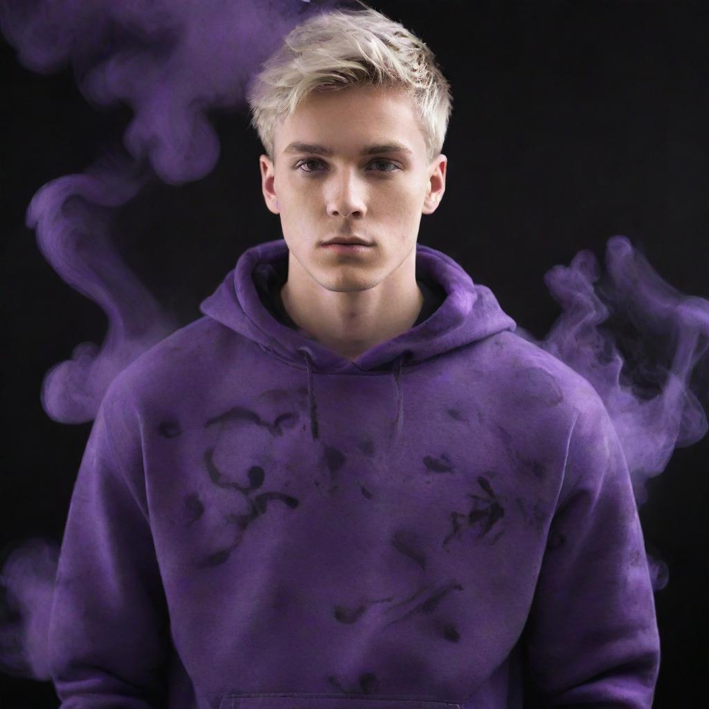 An exceptionally handsome, white young man wearing a vibrant purple hoodie, his looks enhanced by the mysterious swirls of purple and black smoke surrounding him.