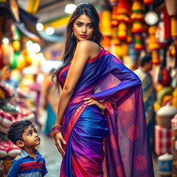 A stunning woman wearing a colorful sari that elegantly drapes around her while revealing her figure