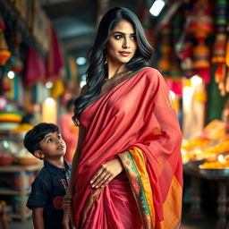 A stunning woman wearing a colorful sari that elegantly drapes around her while revealing her figure