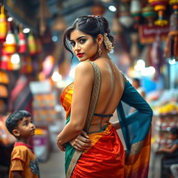 A stunning woman wearing a colorful sari that elegantly drapes around her while revealing her figure