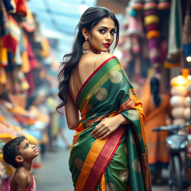 A stunning woman wearing a colorful sari that elegantly drapes around her while revealing her figure