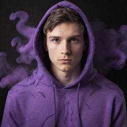 An exceptionally handsome, white young man wearing a vibrant purple hoodie, his looks enhanced by the mysterious swirls of purple and black smoke surrounding him.