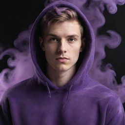 An exceptionally handsome, white young man wearing a vibrant purple hoodie, his looks enhanced by the mysterious swirls of purple and black smoke surrounding him.