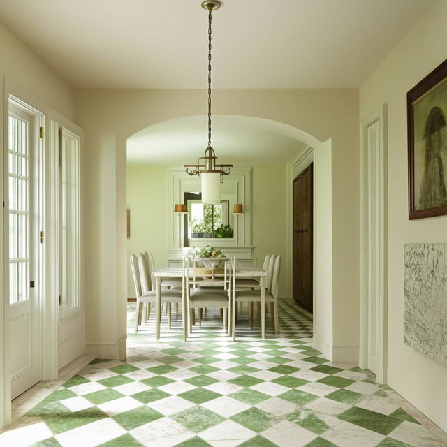 A 12x10 dining room featuring a dining table set on a checkered marble floor, alternating between white and green tiles. The room is tastefully lit, amplifying the room's colors, and patterns.