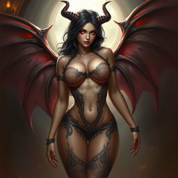 A seductive succubus with voluptuous curves and large breasts, wearing an intricate, revealing outfit that accentuates her enchanting physique