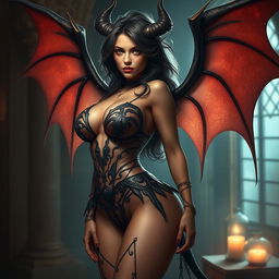 A seductive succubus with voluptuous curves and large breasts, wearing an intricate, revealing outfit that accentuates her enchanting physique