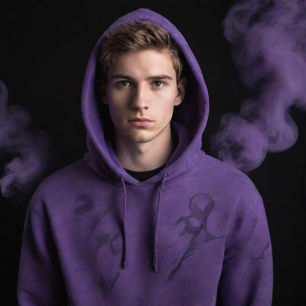 An exceptionally handsome, white young man wearing a vibrant purple hoodie, his looks enhanced by the mysterious swirls of purple and black smoke surrounding him.