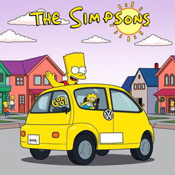 A Volkswagen Gol illustrated in the iconic style of 'The Simpsons', featuring bright colors, exaggerated features, and cartoonish details