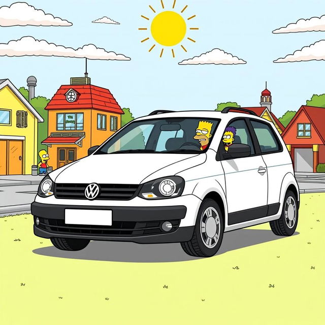 A Volkswagen Gol illustrated in the iconic style of 'The Simpsons', featuring bright colors, exaggerated features, and cartoonish details