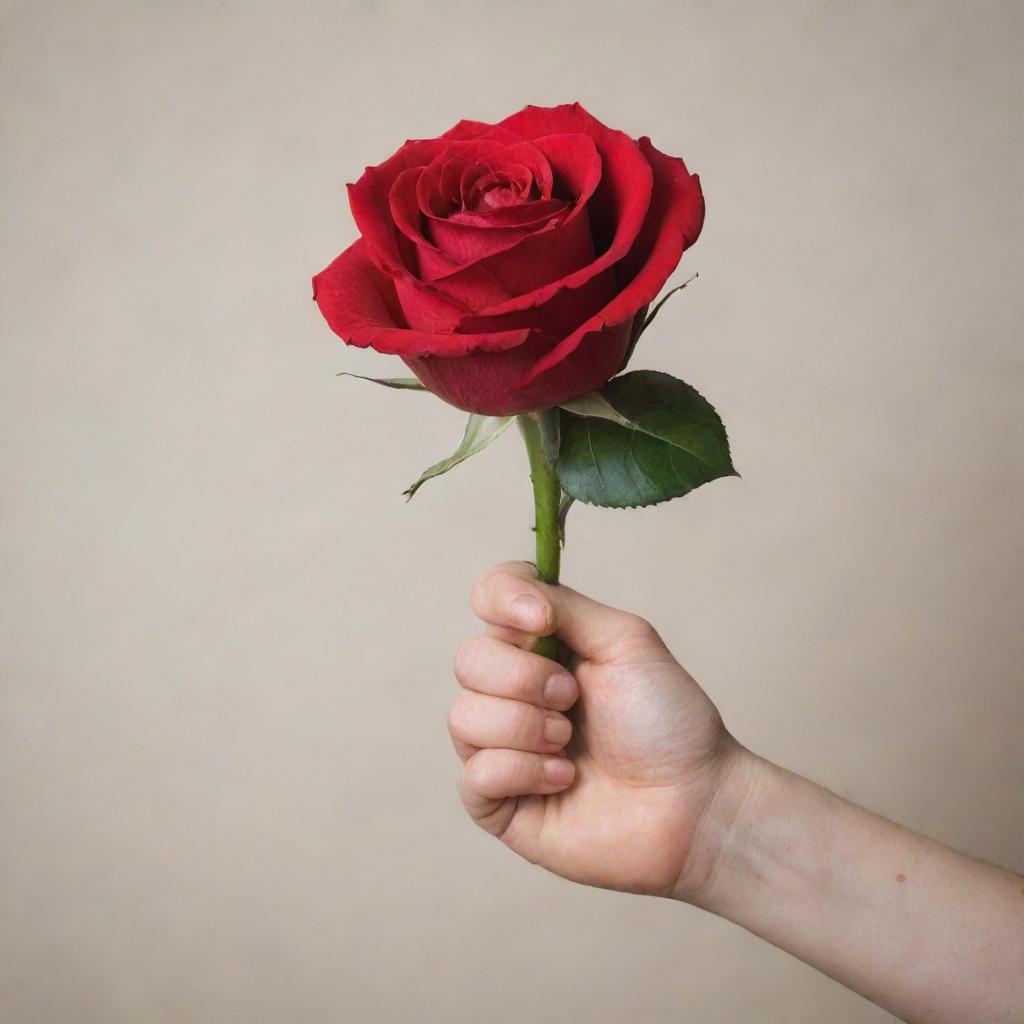 A realistic hand holding a vibrant, red rose against a neutral background