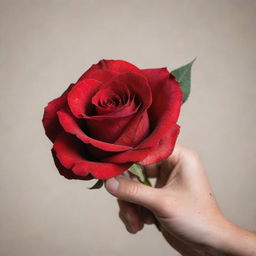 A realistic hand holding a vibrant, red rose against a neutral background