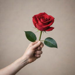 A realistic hand holding a vibrant, red rose against a neutral background