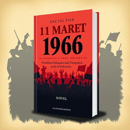 A book cover for the novel titled '11 Maret 1966: Peralihan Kekuasaan dan Dampaknya pada Indonesia'