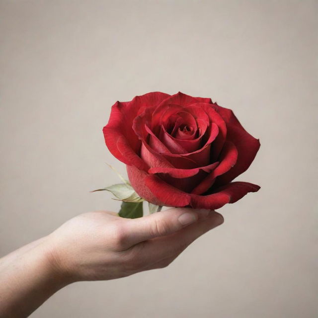 A realistic hand holding a vibrant, red rose against a neutral background