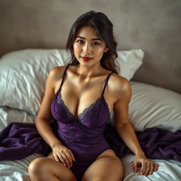 A beautiful Asian woman with a D cup bust, wearing luxurious purple lingerie, posed elegantly on a soft and inviting bed