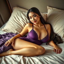 A beautiful Asian woman with a D cup bust, wearing luxurious purple lingerie, posed elegantly on a soft and inviting bed