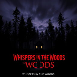 A chilling horror movie poster featuring a dark forest at dusk, with tall, menacing trees that appear to tower ominously over a small, deserted cabin nestled in the shadows