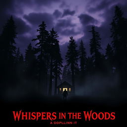 A chilling horror movie poster featuring a dark forest at dusk, with tall, menacing trees that appear to tower ominously over a small, deserted cabin nestled in the shadows