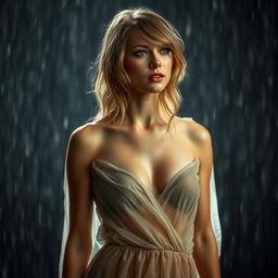 A dramatic portrait of Taylor Swift standing confidently in the rain, with droplets cascading off her hair and skin, capturing a moment of raw emotion and intensity