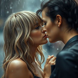 An evocative scene portraying Taylor Swift and an attractive woman, both drenched in rainwater, engaging in a passionate kiss