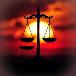 A silhouette of a scale representing justice, elegantly designed with balanced scales, set against a dramatic sunset background