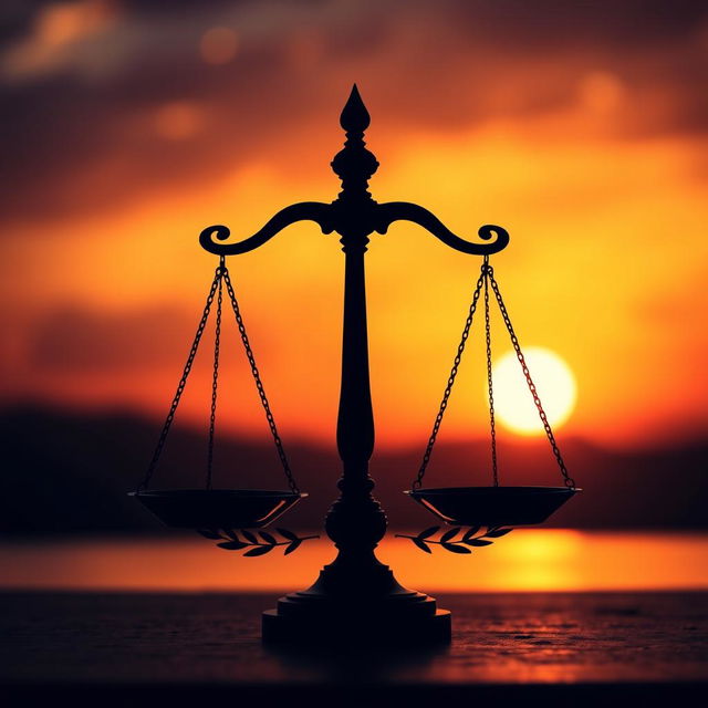 A silhouette of a scale representing justice, elegantly designed with balanced scales, set against a dramatic sunset background