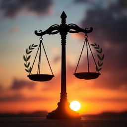 A silhouette of a scale representing justice, elegantly designed with balanced scales, set against a dramatic sunset background