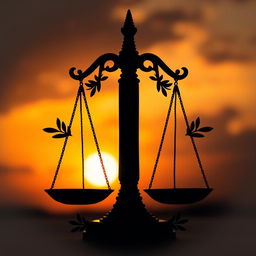 A silhouette of a scale representing justice, elegantly designed with balanced scales, set against a dramatic sunset background