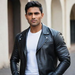 A muscular Indian man confidently wearing a crisp white shirt and a stylish black leather jacket.