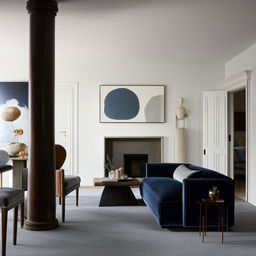 A living room with a navy blue velvet sofa, a grey velvet chair, a leather chair, and a chimney, adjoining a dining room designed to complement the living room.